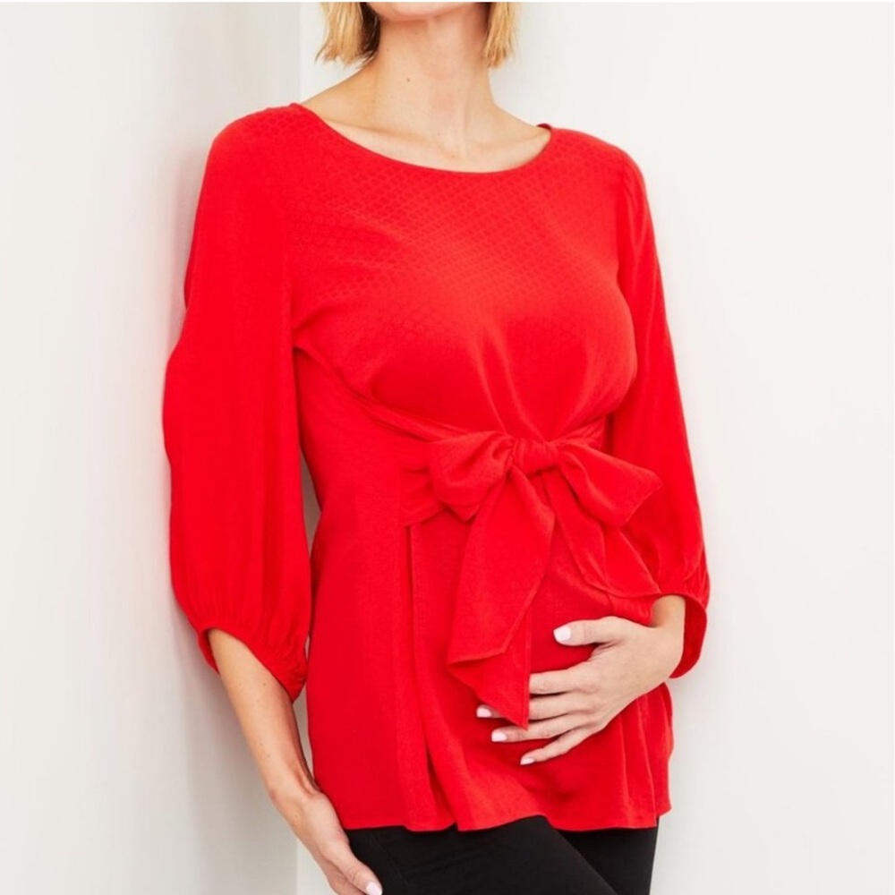 Tie Front Maternity Red Medium 3/4 Sleeve Blouse